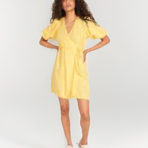 Old Navy Dress Womens 3x Yellow Wrap Puff Sleeve Mini NWT Linen Blend - Picture 2 of 11